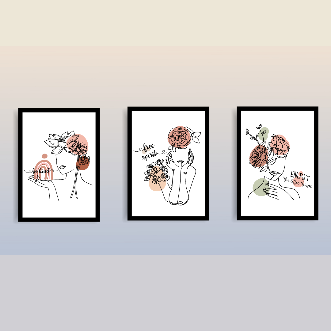 Floral Women Line Art Set of 3 Frames