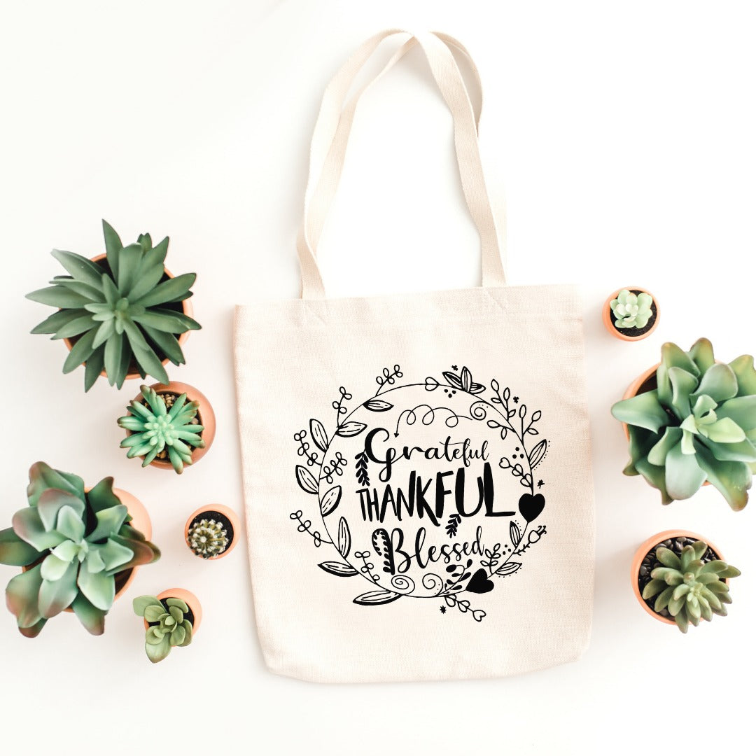 Grateful Thankful and Blessed Printed Tote Bag
