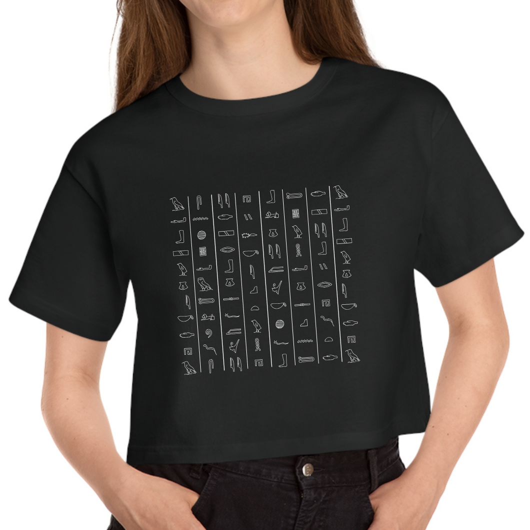 Cropped Black T Shirt Printed Hieroglyphs Pattern