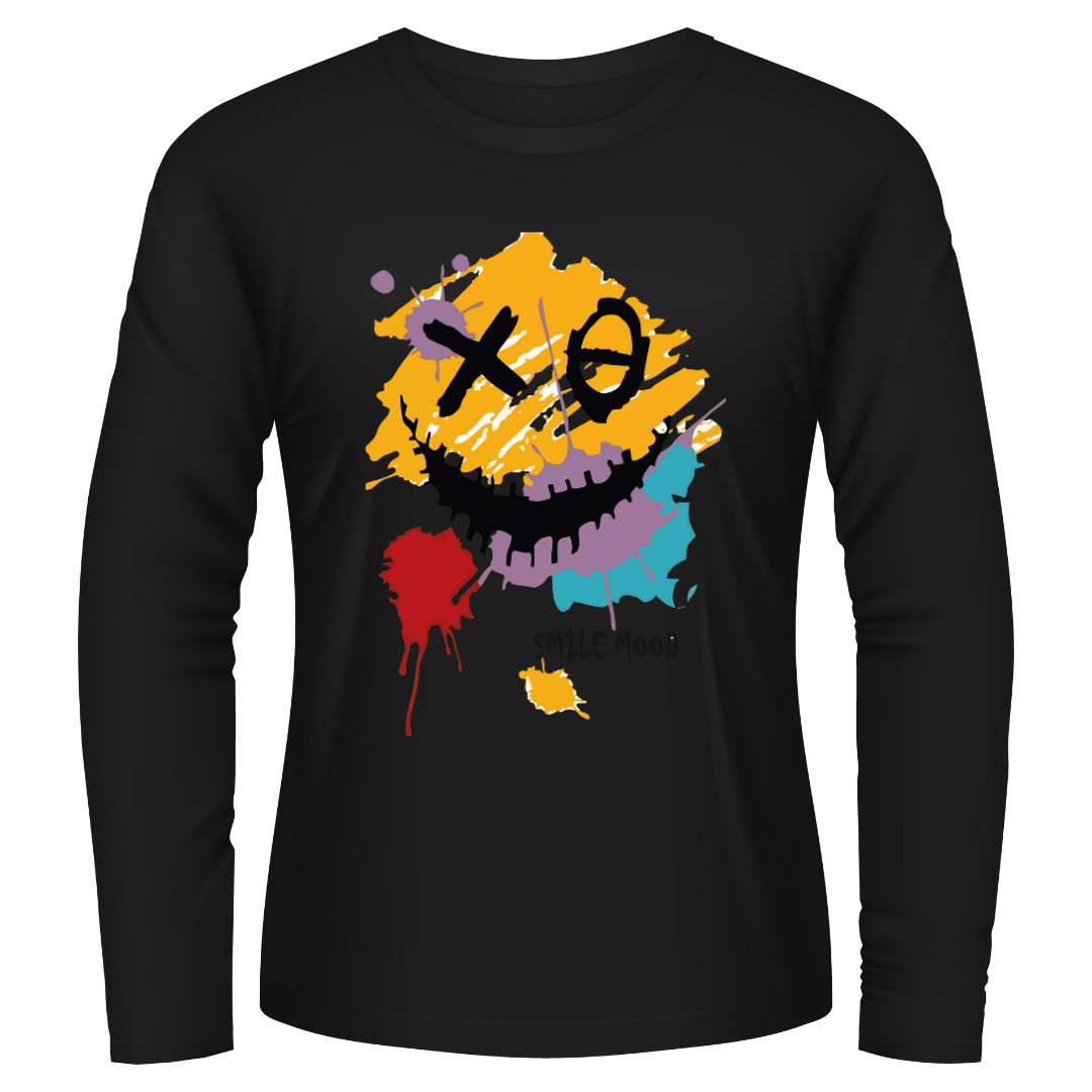 Black Tshirt Long Sleeves Printed Groovy Smile