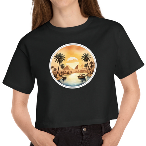 Cropped Black T Shirt Printed Nile Egypt Sunset