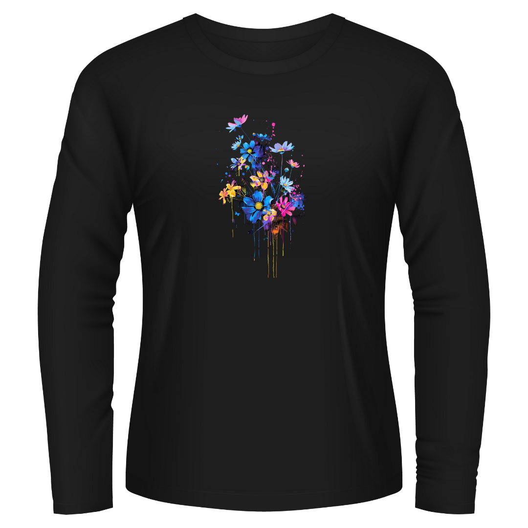 Black Tshirt Long Sleeves Printed Flowers