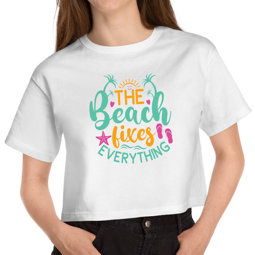 Cropped White T Shirt Printed The Beach Fixes Everything