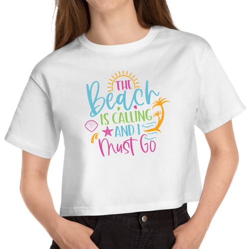 Cropped White T Shirt Printed The Beach Is Calling