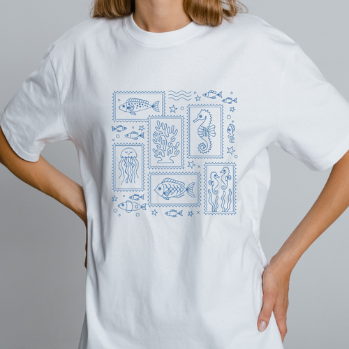 OVERSIZE White Half Sleeves Tshirt Printed Marine Life