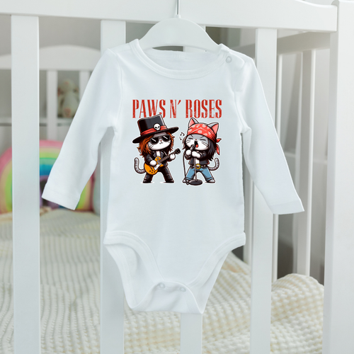 Baby Bodysuit Onesie Paws And Roses Long Sleeves