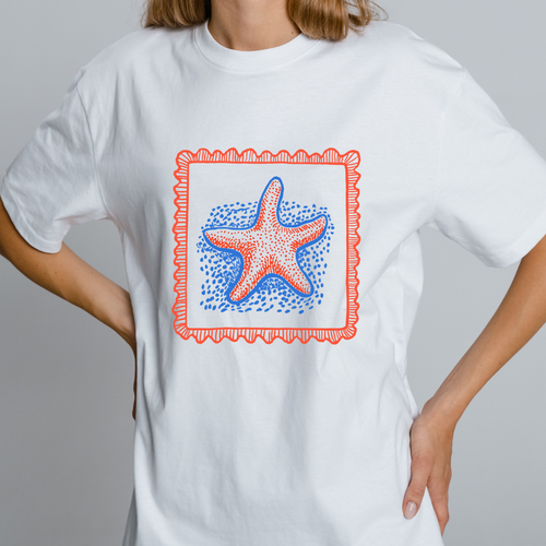 OVERSIZE White Half Sleeves Tshirt Printed Star Fish