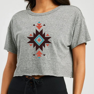 Cropped Heather Grey T Shirt Printed Aztec