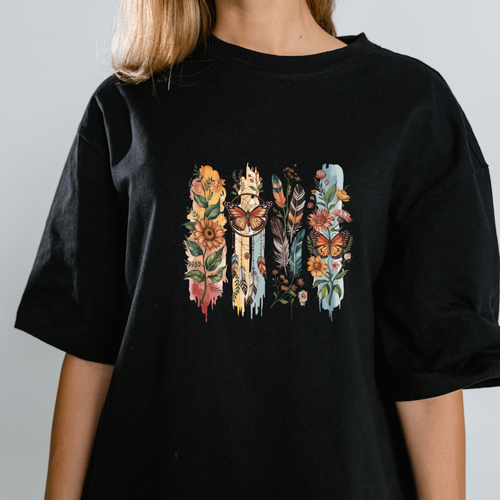 OVERSIZE Black Half Sleeves Tshirt Printed Floral Leaves