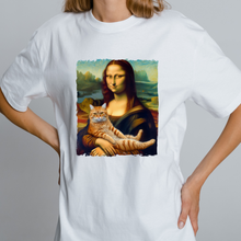 Load image into Gallery viewer, OVERSIZE White Half Sleeves Tshirt Printed Mona Lisa Cat
