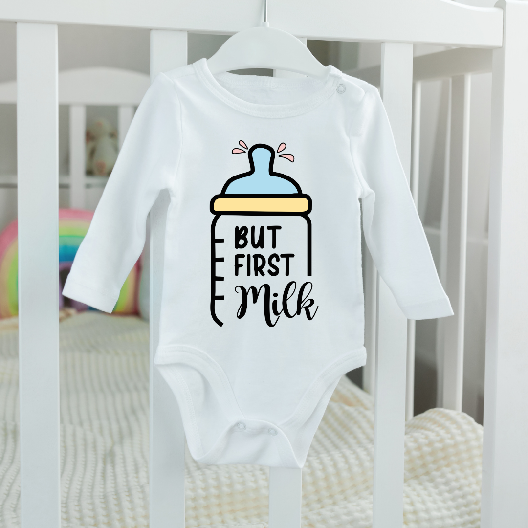 Baby Bodysuit Onesie But First Milk Long Sleeves