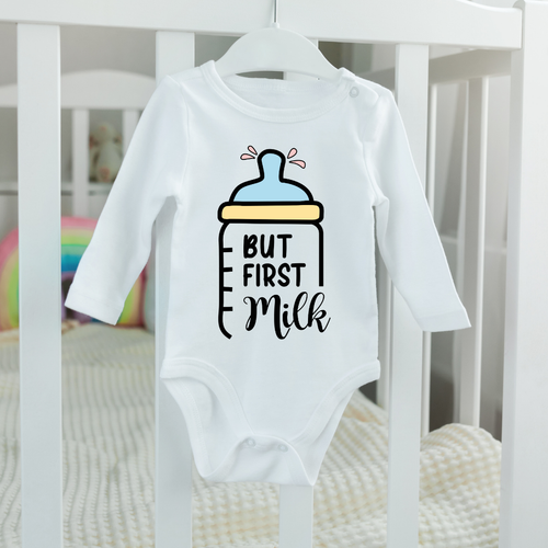 Baby Bodysuit Onesie But First Milk Long Sleeves