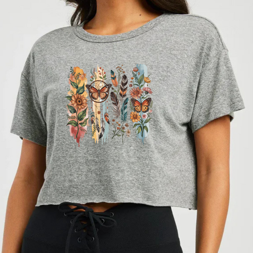 Cropped Heather Grey T Shirt Printed Boho Butterfly Leaf