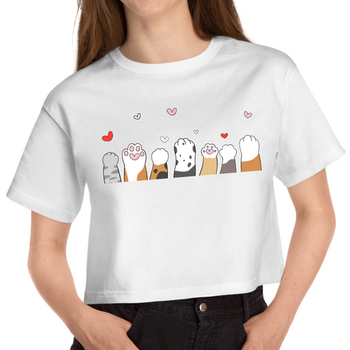 Cropped White T Shirt Printed Cat Paws