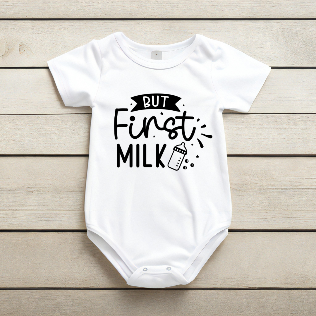 Baby Bodysuit Onesie Printed But First Milk