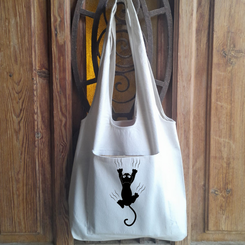 Hanging in there Printed Tote Bag With Pocket and Black Cat