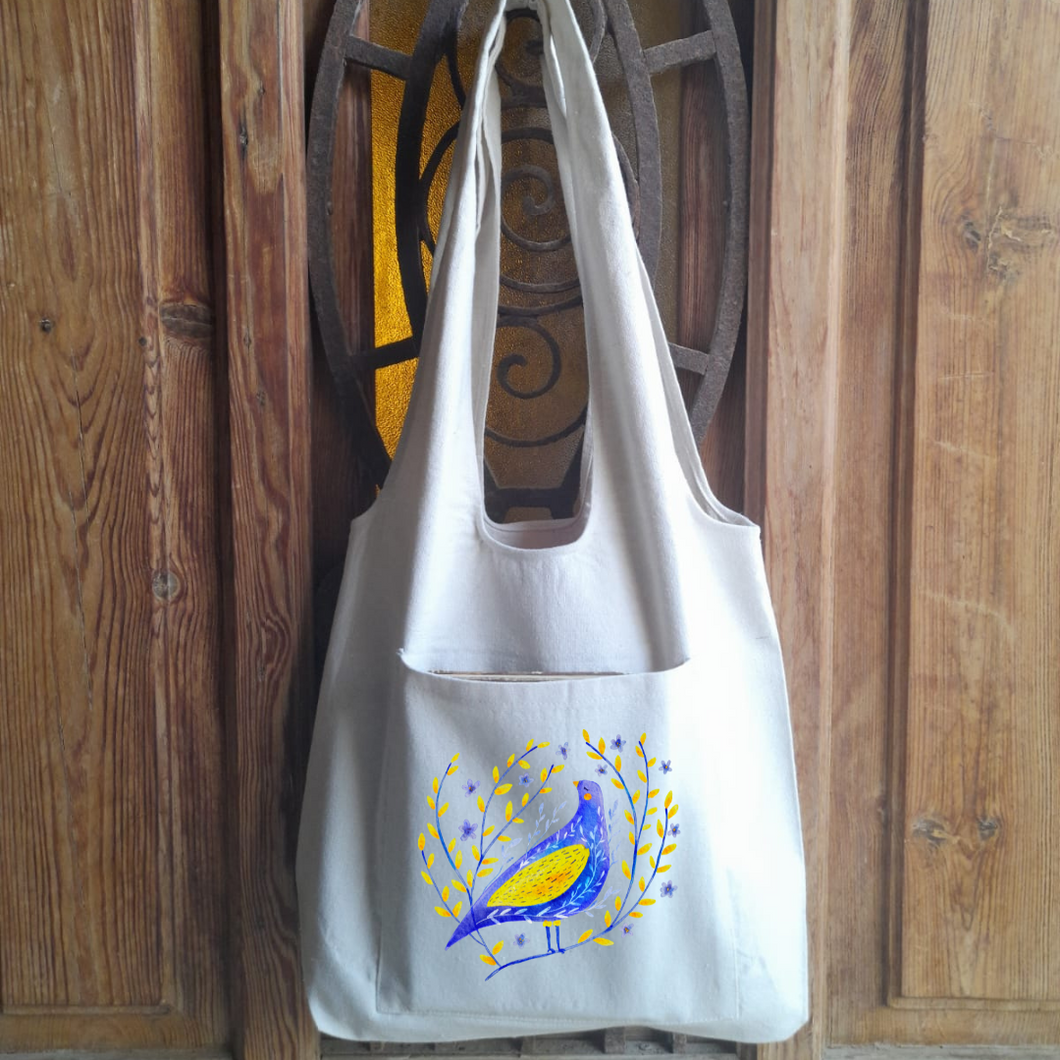 Pigeon Printed Tote Bag With Pocket
