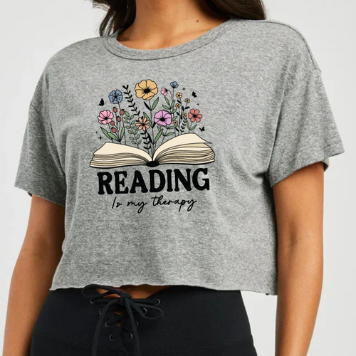 Cropped Heather Grey T Shirt Printed Reading Is My Therapy