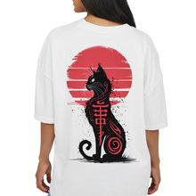 Load image into Gallery viewer, OVERSIZE White Half Sleeves Tshirt Printed Japanese Black Cat

