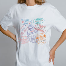 Load image into Gallery viewer, OVERSIZE White Half Sleeves Tshirt Printed Travel Stamps

