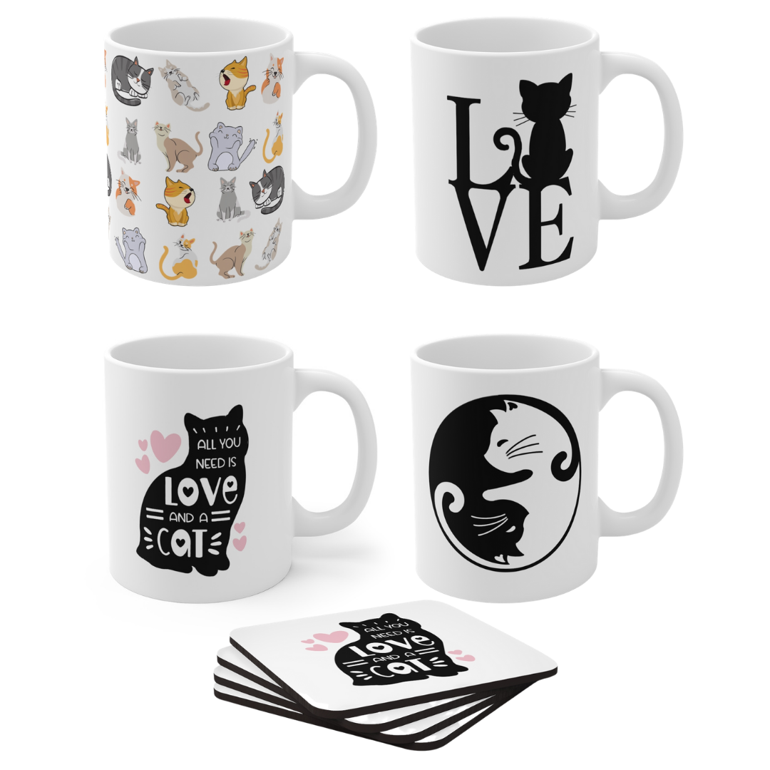 Cat Lovers Set of 4 Mugs & Coasters
