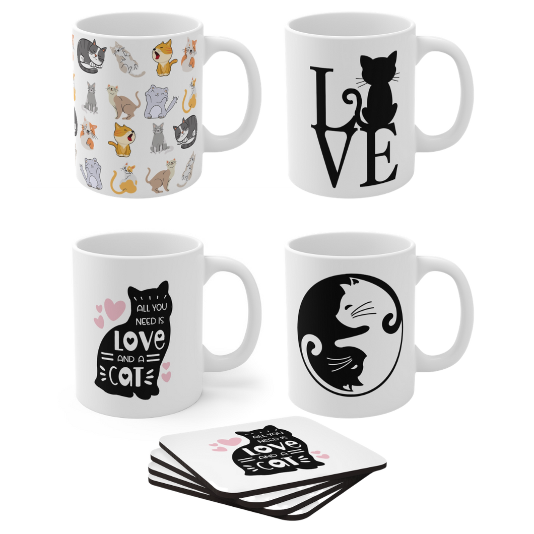 Cat Lovers Set of 4 Mugs & Coasters