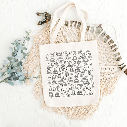 World Travel Pattern Printed Tote Bag