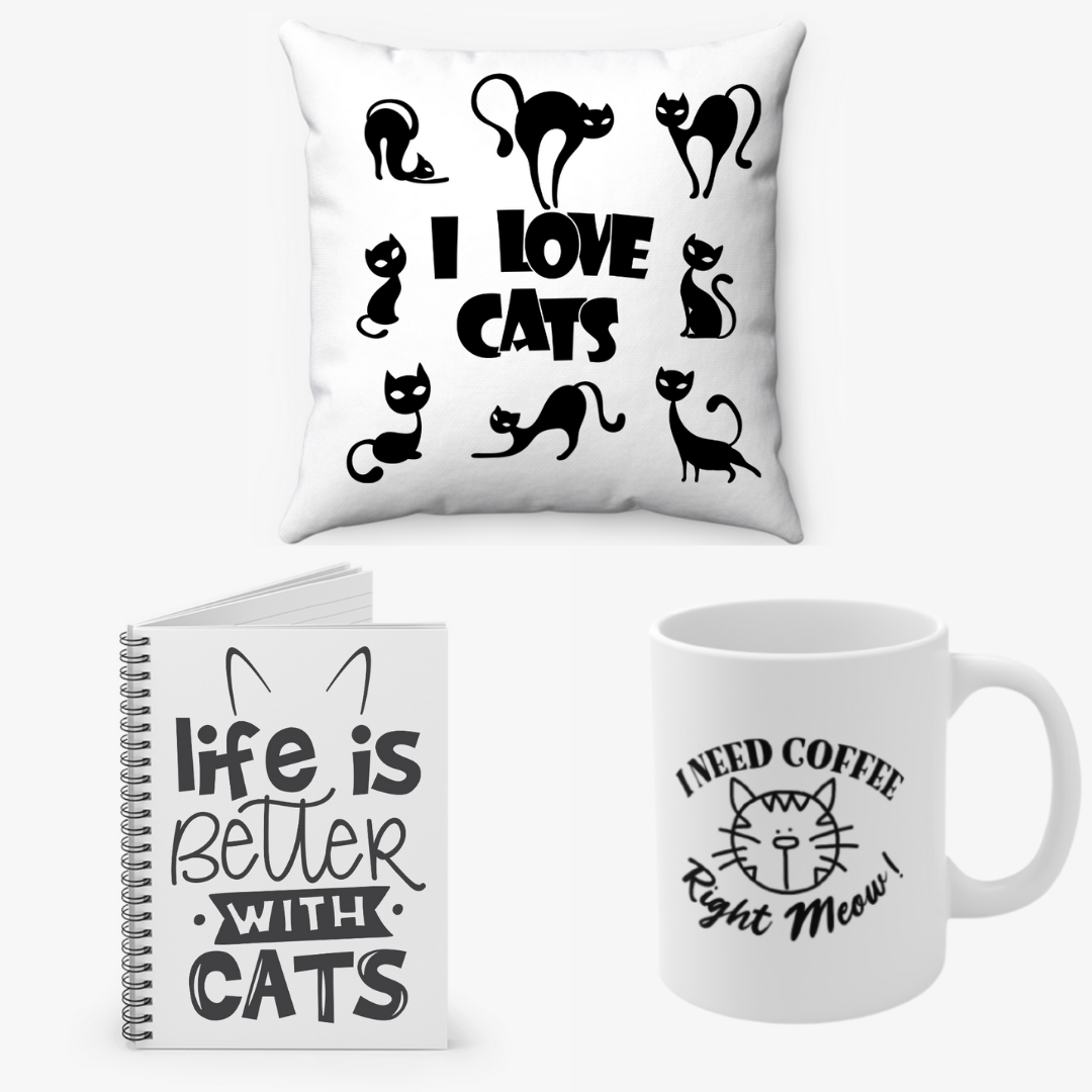 Cat Lovers Bundle - Coffee mug, Notebook and Pillow