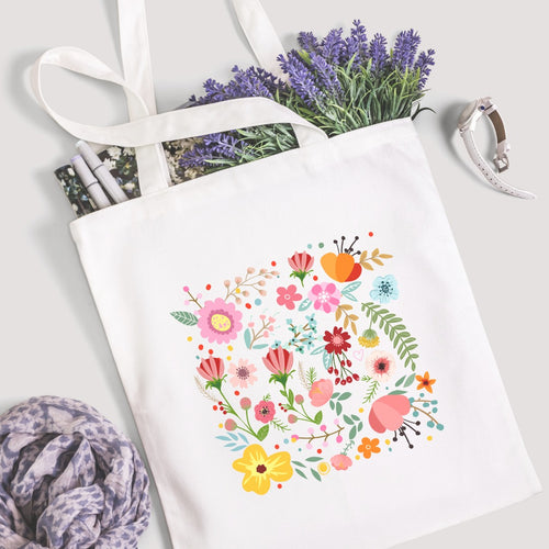 Colorful Flowers and Leaves Printed Tote Bag