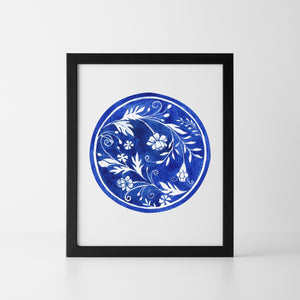 Watercolor Blue Floral Circle Wall Art