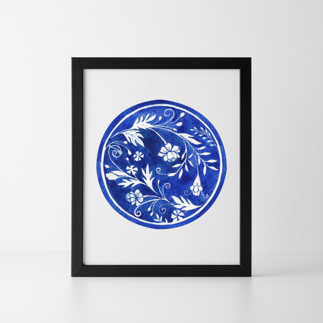 Watercolor Blue Floral Circle Wall Art