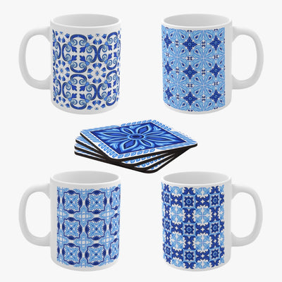 Blue Mugs and Coasters Set