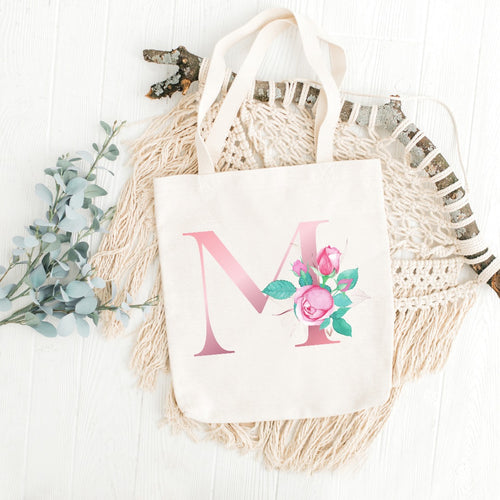 M Letter Initials Printed Tote Bag