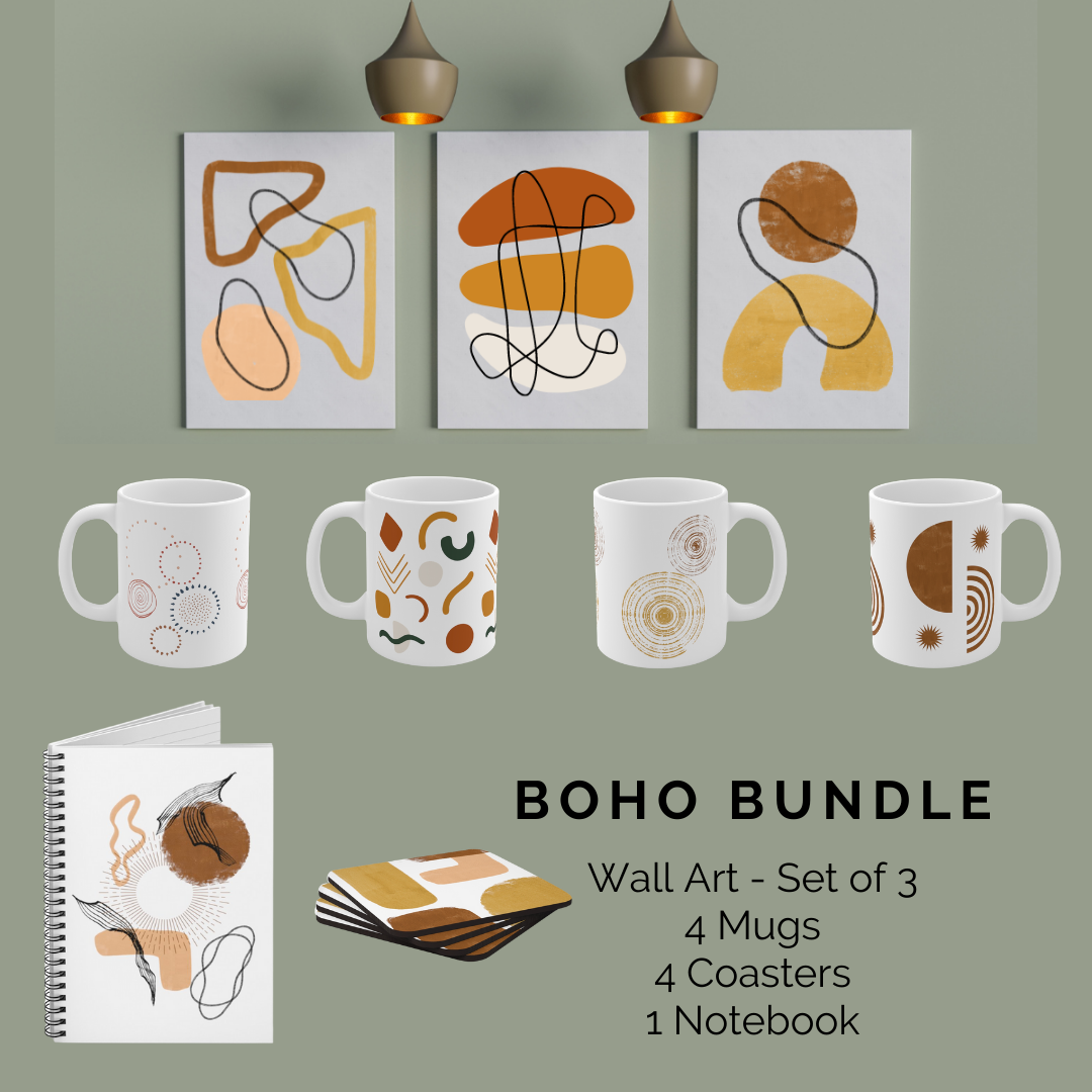 Boho Bundle - Wall Art Set, Mugs, Coasters and Notebook