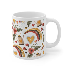 Boho Rainbow Hearts on White Printed Coffee Mug